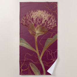 Toalha De Praia Flor Protea Dourada Bordô Ilustração Botânica