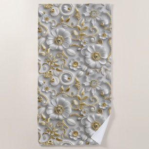 Toalha De Praia Flora 3D Decorativa Dourada Branca Floral