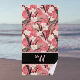 Toalha De Praia Floral Asiático Rosa Bege Branco Chinoiserie Monog