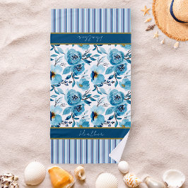 Toalha De Praia Floral Azul bonito com risca personalizada