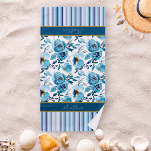 Toalha De Praia Floral Azul bonito com risca personalizada