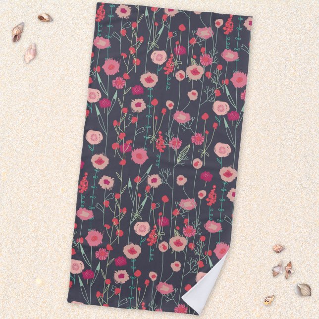 Toalha De Praia Floral Boho Rosa Preto (Modern boho floral wildflower dark art beach towel)