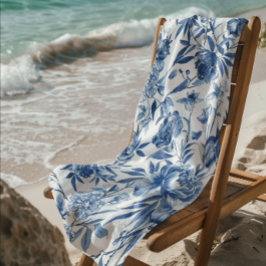 Toalha De Praia Floral Botânico em Aquarela Azul Chinoiserie