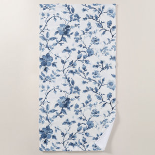 Toalha De Praia Floral Branco Azul Bonito