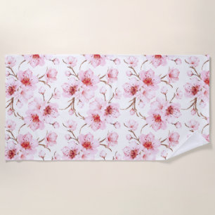 Toalha De Praia Floral Cereja Brilhante Cor-de-rosa Branco