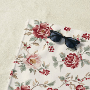 Toalha De Praia Floral Creme Vermelho Pretty Chic