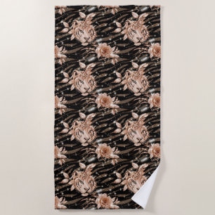 Toalha De Praia Floral de Tigre Dourado Rosa preto