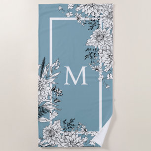 Toalha De Praia Floral Florim Flórida Monograma Botânico Azul Bran