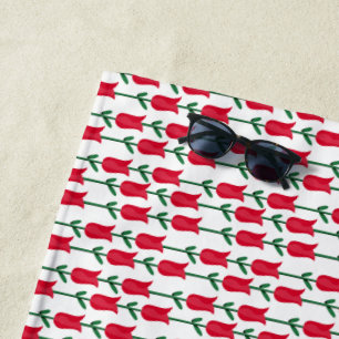 Toalha De Praia Floral Vermelho Vibrante com Padrão de Folhas Verd