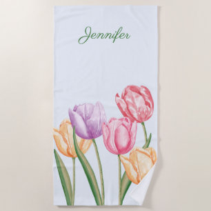 Toalha De Praia Flores Coloridas de Tulipa em Aquarela Com Nome Pe