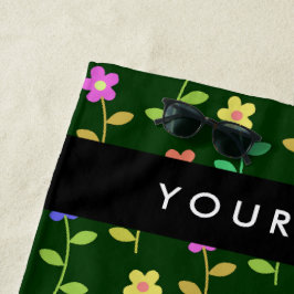 Toalha De Praia Flores Coloridas, Fundo Verde, Preto