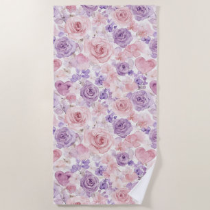 Toalha De Praia Flores Corações Rosa Roxo Blush Dia dos Namorados