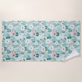 Toalha De Praia Flores de Arte Folclórica de Pastéis Azuis e Rosa 