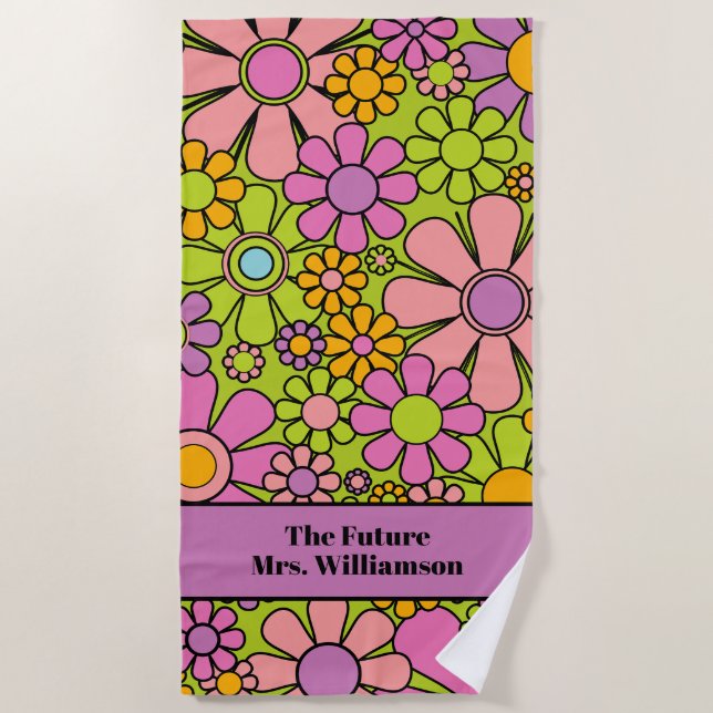 Toalha De Praia Flores de Jardim Retro 60s 70s Noiva de Padrão Flo (Frente)