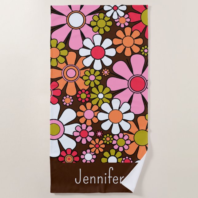 Toalha De Praia Flores do Jardim Retro Padrão Floral do Groovy 60s (Frente)