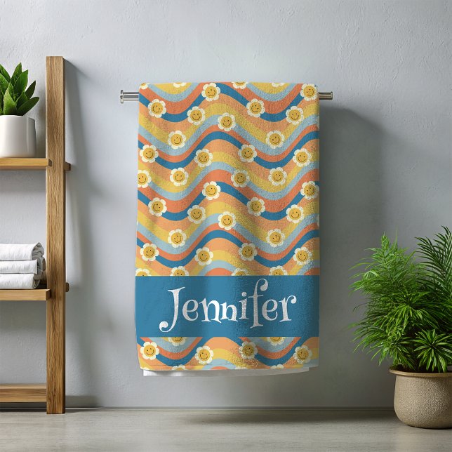 Toalha De Praia Flores do Smiley face Arco-Íris Retroativo (Criador carregado)