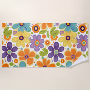 Toalha De Praia Flores Retro Laranja Lilac e Verde