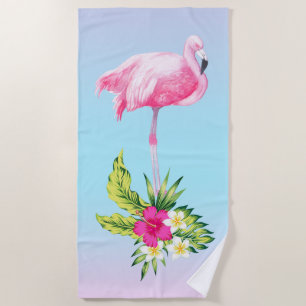 Toalha De Praia Flores Tropicais Buquê e Flamingo Rosa