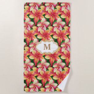 Toalha De Praia Flores Tropicais Cor-de-Rosa Monogramadas em Verde