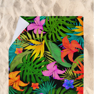 Toalha De Praia Flores tropicais e folhas de palma do Havaí