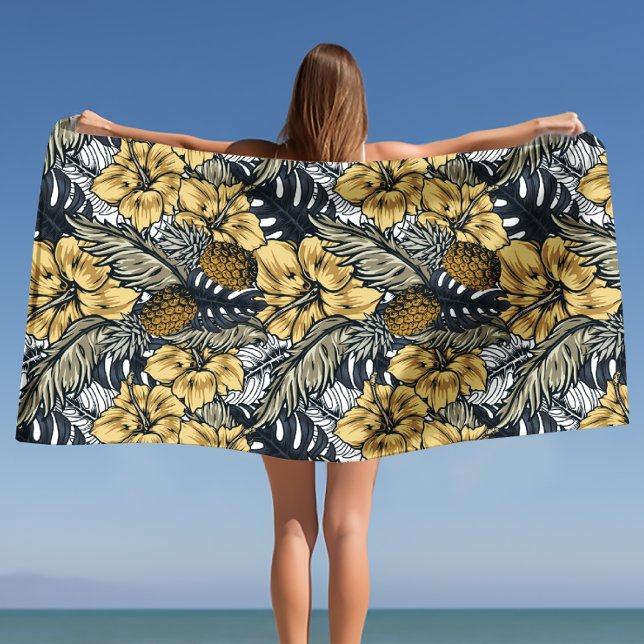 Toalha De Praia Flores Tropicais Negras Douradas Elegantes de luxo (Luxury Elegant Gold N' Black Tropical Flowers Beach Towel)