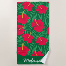 Toalha De Praia Flores Vermelhas de Hibisco em Folhas Tropicais Pe