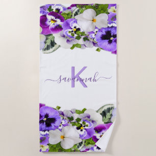 Toalha De Praia Flores violetas roxas, branco, monograma, script