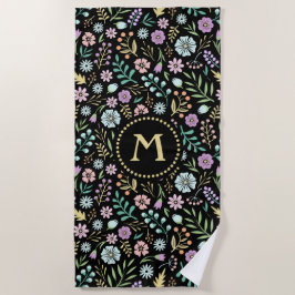 Toalha De Praia Flores Whimsical Monogramas na Torre Black Beach