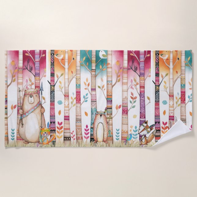 Toalha De Praia Florestas e Animais Coloridos Tribais (Frente)