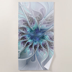 Toalha De Praia Flourar Abstrato Moderno Flor Fractal Com Azul