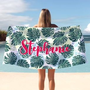 Toalha De Praia Folha de Monstera Palmeira Tropical Rosa Quente No