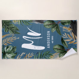 Toalha De Praia Folha tropical e tipografia azul moderna