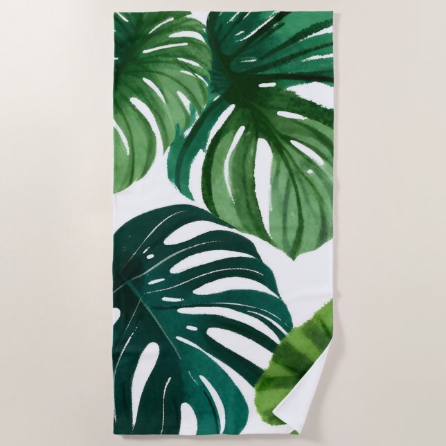 Toalha De Praia Folhas de Monstera Aquarela (Frente)