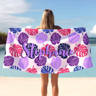 Toalha De Praia Folhas de Monstera Tropical Roxo Rosa Nome Script