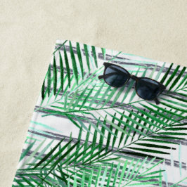 Toalha De Praia Folhas de palma num fundo branco e preto listrado