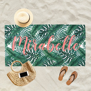 Toalha De Praia Folhas de Palmeira Aquarela Tropical Nome Coral Pe