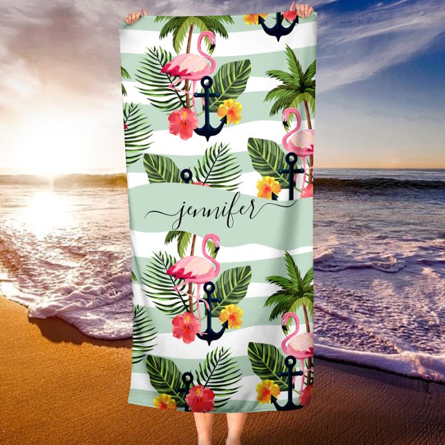 Toalha De Praia Folhas Tropicais, Rosa-Rosa, de Palmeiras (Tropical Hawaiian Pink Flamingoes Palm Tree Leaves Beach Towel)