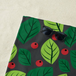 Toalha De Praia Folhas Verdes, Berries Vermelhos, Padrão De Folhas