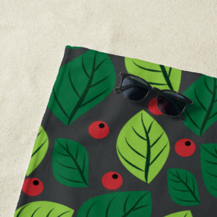 Toalha De Praia Folhas Verdes, Berries Vermelhos, Padrão De Folhas