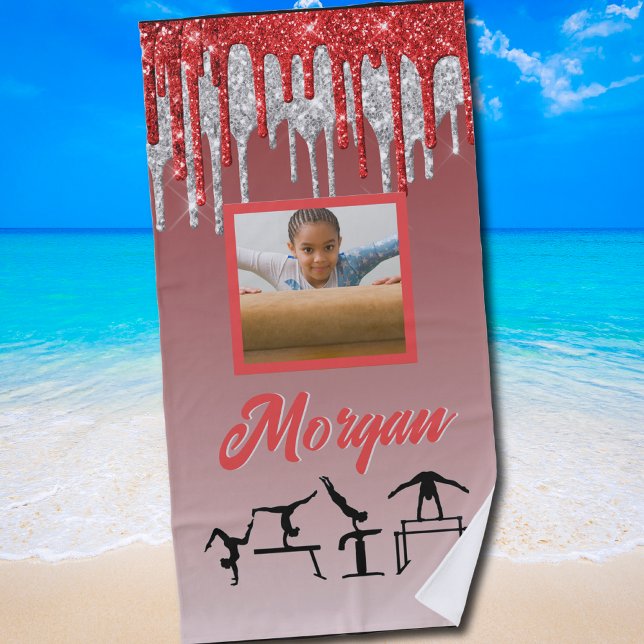 Toalha De Praia Foto Personalizada De Drivers De Glitter Vermelho  (Sparkly Gymnastics beach towel for Girls Who Love to Shine and Flip)
