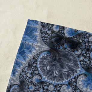Toalha De Praia Fractal Preto Azul Abstrato