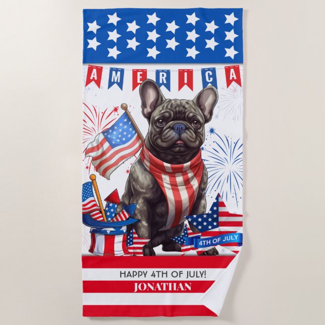 Toalha De Praia Francês Bulldog Feliz 4 De Julho, América Patrióti (Frente)