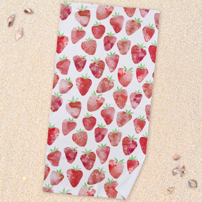 Toalha De Praia Fruta de Aquarela de Morango (Fresh Strawberry fruit watercolor pattern beach towel)