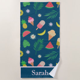Toalha De Praia Frutas de Verão, Folhas Tropicais e Nome de Sorvet