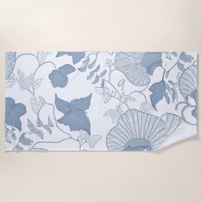Toalha De Praia Fundo Branco Delicar Flores Azuis Japonesas (Frente)