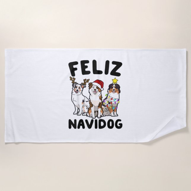 Toalha De Praia Funny Feliz Navidog, amante de cães pastores austr (Frente)