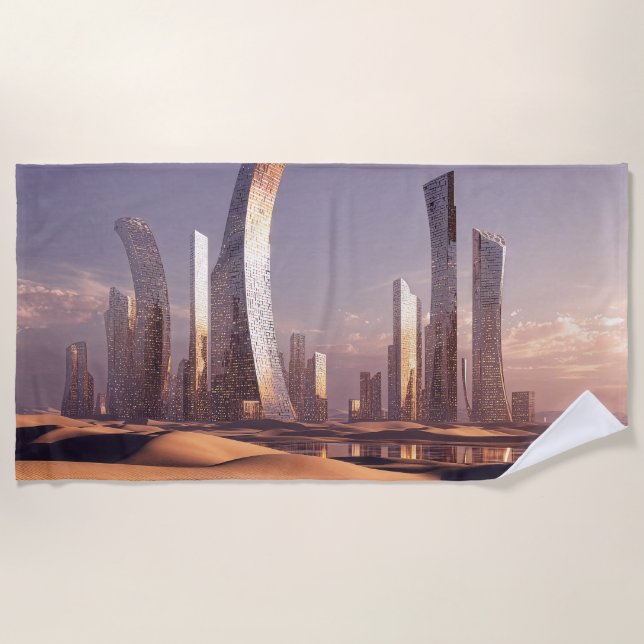 Toalha De Praia Futuristic Surreal Skyscrapers In Desert Landscape (Frente)