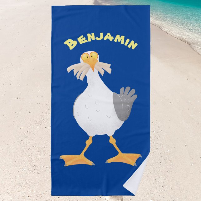 Toalha De Praia Gaivota engraçada com desenho francês (Have fun in the sun with this cartoon seagull beach towel.)