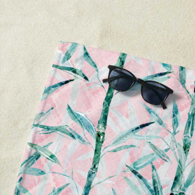 Toalha De Praia Galhos de bambu, brancos, verdes, folhas de bambu (In Situ)