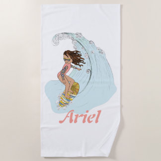 Toalha De Praia Garota surfista de pastel giro com nome Summer Sun